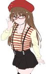  adjusting_eyewear amagami bangs beret blunt_bangs brown_eyes brown_hair glasses hat kamizaki_risa long_hair pantyhose red-framed_eyewear shirt shouji_nigou skirt solo striped striped_shirt suspenders thighhighs zettai_ryouiki 