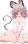  animal_ears arm_support cleavage_cutout grey_hair highres ishikkoro looking_at_viewer meme_attire mouse_ears mouse_tail naughty_face nazrin one_eye_closed open-chest_sweater red_eyes short_hair sitting smile solo sweater tail tongue tongue_out touhou wariza 