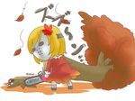  aki_shizuha autumn_leaves blonde_hair brown_skirt chainsaw character_name cosplay friday_the_13th hair_ornament halloween jason_voorhees jason_voorhees_(cosplay) leaf_hair_ornament long_sleeves looking_back mabui mushroom shoes short_hair simple_background skirt socks solo touhou tree tree_stump white_background 