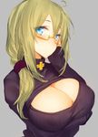  blonde_hair blue_eyes blush braid breast_hold breasts brown_hair cleavage cleavage_cutout covered_nipples cross glasses inayama large_breasts long_hair luis_almeida_(sengoku_bushouki_muramasa) meme_attire open-chest_sweater ribbed_sweater sengoku_bushouki_muramasa side_braid simple_background sketch solo sweater turtleneck upper_body 