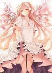  choker dress dress_lift frilled_dress frills gloves hair_ribbon kaname_madoka light_smile long_hair looking_at_viewer mahou_shoujo_madoka_magica pink_hair ribbon solo ultimate_madoka vebonbon very_long_hair white_dress white_gloves wings yellow_eyes 