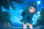  ;d aqua_eyes aqua_hair backpack bag blew_andwhite cloud day hair_bobbles hair_ornament hat kawashiro_nitori leaning_forward long_hair looking_at_viewer one_eye_closed open_mouth sky smile solo summer sun touhou tree two_side_up wading water 