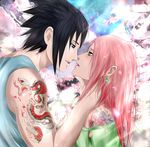  1boy 1girl couple haruno_sakura lesya7 naruto outdoors smile tattoo uchiha_sasuke 