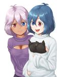  animal animal_in_clothes animalization blue_hair breasts cat chen chen_(cat) cleavage cleavage_cutout commentary_request dark_skin heterochromia kaenbyou_rin kaenbyou_rin_(cat) kitano_(kitanosnowwhite) large_breasts long_sleeves meme_attire multiple_girls open-chest_sweater open_mouth personification purple_hair ribbed_sweater smile sweater tatara_kogasa touhou turtleneck 