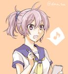  ahoge aoba_(kantai_collection) blue_scrunchie eighth_note kantai_collection long_hair messy_hair miso_dengaku_(donadonaton) musical_note neckerchief notepad open_mouth orange_background pencil ponytail purple_eyes purple_hair sailor_collar scrunchie shirt simple_background solo speech_bubble spoken_musical_note twitter_username 