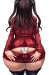  adapted_costume ass ass_cutout black_hair cameltoe facing_away fate/stay_night fate_(series) from_behind hands_on_ass leaning_forward majime_kei_kuzumochi meme_attire open-chest_sweater panties pussy_juice simple_background solo sweater thighhighs toosaka_rin underwear wardrobe_error white_background white_panties 