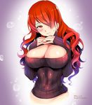  blush breasts cleavage cleavage_cutout cropped_legs embarrassed fujisaka_kuuki hair_over_one_eye kirijou_mitsuru large_breasts long_hair meme_attire open-chest_sweater persona persona_3 red_eyes red_hair ribbed_sweater slender_waist solo sweatdrop sweater turtleneck upper_body 