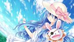  akabane_(pixiv3586989) blue_eyes blue_hair bow casual cloud date_a_live day dress dutch_angle hair_between_eyes hat hat_bow hat_ribbon long_hair looking_at_viewer parted_lips puppet ribbon sky wavy_hair white_dress yoshino_(date_a_live) yoshinon 