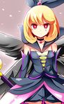  bad_id bad_pixiv_id blonde_hair bright_pupils choker expressionless gloves hair_ribbon happinesscharge_precure! highres popped_collar precure purple_background queen_mirage red_eyes ribbon shinekalta short_hair shorts solo 