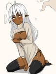  1girl antenna_hair barefoot black_legwear black_panties blush breastless_clothes breasts breasts_outside cleavage cleavage_cutout clothes_tug covering covering_breasts covering_crotch dark_elf dark_skin elf glaring highres kurobuta_(iina) large_breasts long_hair meme_attire no_pants open-chest_sweater panties pointy_ears sansei_muramasa shiny shiny_skin side-tie_panties soukou_akki_muramasa sweater sweater_tug thighhighs toeless_legwear underwear white_hair yellow_eyes 