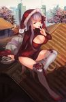 bb_(fate)_(all) bb_(fate/extra_ccc) breasts christmas cleavage cleavage_cutout fate/extra fate/extra_ccc fate_(series) hat highres large_breasts long_hair looking_at_viewer meme_attire open-chest_sweater purple_eyes purple_hair ribbed_sweater saimon_ma santa_hat sitting solo sweater thighhighs very_long_hair white_legwear 