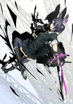  aqua_sau bad_id bad_pixiv_id boots collared_shirt eyepatch fingerless_gloves gloves headgear highres kantai_collection knee_boots left-handed machinery necktie purple_hair shirt solo sword tenryuu_(kantai_collection) thighhighs turret vest weapon yellow_eyes 