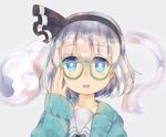  bespectacled black_hairband blue_eyes coat collarbone cosplay ears face glasses grey_background grey_hair hairband konpaku_youmu konpaku_youmu_(ghost) kuriyama_mirai kuriyama_mirai_(cosplay) kyoukai_no_kanata parted_lips short_hair simple_background solo suguharu86 touhou 