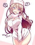  ? bad_id bad_twitter_id blue_eyes blush braid breasts brown_hair cleavage cleavage_cutout clothes_tug fur_hat haruka_natsuki hat jpeg_artifacts large_breasts long_hair meme_attire naked_sweater open-chest_sweater open_mouth smile solo sweater sweater_tug twin_braids 
