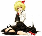  :d blonde_hair cervus darkness hair_ribbon mary_janes open_mouth red_eyes ribbon rumia shirt shoes short_hair sitting skirt smile touhou vest 