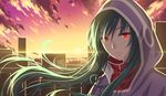  akabane_(pixiv3586989) green_hair hood hooded_jacket jacket kagerou_project kido_tsubomi long_hair looking_at_viewer red_eyes shade solo twilight wind 