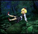  blonde_hair cervus forest hair_ribbon mary_janes nature red_eyes ribbon rumia shirt shoes short_hair skirt touhou vest 