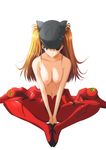  :&gt; animal_hat badge bangs between_legs blue_eyes blush bodysuit bodysuit_pull breast_squeeze breasts button_badge eyepatch feet_together frown full_body hair_between_eyes hand_between_legs hat hat_ornament highres long_hair looking_away medium_breasts navel neon_genesis_evangelion nipples orange_hair plugsuit rebuild_of_evangelion shikinami_asuka_langley simple_background sitting solo souryuu_asuka_langley sparkle spread_legs topless unzipped v_arms white_background yuuk33 