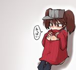  black_legwear blush breast_conscious breast_press brown_hair cleavage_cutout flat_chest highres kantai_collection knee_boobs knees_up leg_hug meme_attire onee-chan_no_te_wo_totte open-chest_sweater parody red_eyes ribbed_sweater ryuujou_(kantai_collection) sitting socks solo suzurino sweater translated turtleneck twintails visor_cap 