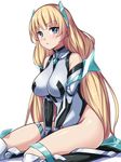  angela_balzac bare_shoulders blue_eyes blush bodysuit breasts deva_battle_suit elbow_gloves gloves headgear large_breasts leotard long_hair low_twintails rakuen_tsuihou saiste simple_background sitting solo thigh_strap twintails v_arms very_long_hair wariza white_background 