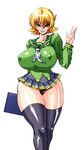  1girl blonde_hair blue_eyes blush breasts curvy erect_nipples huge_breasts igawa_sakura looking_at_viewer open_mouth shiny shiny_skin short_hair skirt smile solo standing taimanin_asagi thick_thighs thighhighs thighs tongue wide_hips wrato 