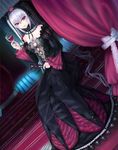  alcohol bishoujo_mangekyou black_dress cleavage_cutout cosplay cup dress drinking_glass dutch_angle gothic_lolita highres kagarino_kirie kagarino_kirie_(cosplay) lolita_fashion long_hair lunatic_(phantasy) red_eyes rozen_maiden sitting solo suigintou wine wine_glass 