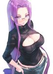  bikini_jeans blush breasts cleavage cleavage_cutout cowboy_shot denim fate/stay_night fate_(series) glasses hands_in_pockets jeans large_breasts long_hair lowleg lowleg_pants meme_attire open-chest_sweater pants purple_eyes purple_hair rider shirabi simple_background solo sweater turtleneck underwear very_long_hair white_background 