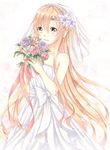  asuna_(sao) bouquet bridal_veil brown_eyes brown_hair dress flower long_hair misuzu_(iridescence) sword_art_online veil very_long_hair wedding_dress 