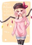  :d alternate_costume black_legwear blonde_hair cabbie_hat casual collarbone contemporary flandre_scarlet hat long_hair looking_at_viewer off-shoulder_sweater off_shoulder ominaeshi_(takenoko) open_mouth red_eyes shorts side_ponytail sketch smile solo sweater thighhighs touhou traits translated wings 