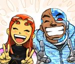  1girl alien alternate_costume cyborg cyborg_(dc) dark_skin dc_comics double_v duo eyes_closed hood hoodie open_mouth smile starfire teen_titans teeth v victor_stone 