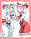  alternate_costume ariyoshi_gen ascot bad_id bad_pixiv_id blush cosplay dress embarrassed eyes_visible_through_hair flandre_scarlet flandre_scarlet_(cosplay) green_eyes green_hair hair_between_eyes hand_on_own_chest hat highres holding_hands interlocked_fingers kneeling komeiji_koishi komeiji_satori looking_at_viewer looking_down mob_cap multiple_girls pink_eyes pink_hair pouty_lips puffy_short_sleeves puffy_sleeves red_dress remilia_scarlet remilia_scarlet_(cosplay) shirt short_sleeves sleeveless sleeveless_dress third_eye touhou white_dress white_shirt 