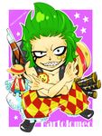  1boy bartolomeo character_doll character_name chibi green_hair konagona monkey_d_luffy one_piece patterned_legwear rinconagona smile solo 