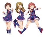  ahoge blue_eyes boots brown_eyes brown_hair idolmaster idolmaster_million_live! kinoshita_hinata long_hair miyao_miya multiple_girls narumi_arata necktie nonohara_akane short_hair 