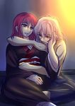  1girl bad_id bad_twitter_id hair_ornament_removed hand_on_another's_face hug hug_from_behind indian_style japanese_clothes kohaku maid open_clothes open_mouth red_eyes red_hair short_hair sitting smile toono_shiki_(2) tsukihime urako wariza white_hair yellow_eyes 