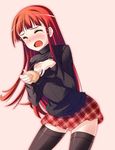  :o aru_(abyssinia) blush breast_padding cleavage_cutout closed_eyes embarrassed highres hime_cut idolmaster idolmaster_relations long_hair meme_attire open-chest_sweater plaid plaid_skirt red_hair skirt solo sweater tears thighhighs tougouji_reika zettai_ryouiki 