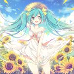  :d ahoge arm_up blush bow breasts cleavage cloud covering covering_crotch day dress floating_hair flower green_eyes green_hair hair_ribbon hat hatsune_miku jonejung long_hair looking_at_viewer medium_breasts nail_polish open_mouth outdoors petals ribbon sky smile solo strap_slip straw_hat sunflower twintails very_long_hair vocaloid white_dress wind 