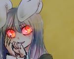  animal_ears biting bunny_ears crazy_smile face glowing glowing_eyes hand_biting hand_on_own_face long_hair long_sleeves looking_to_the_side pog purple_hair red_eyes reisen_udongein_inaba simple_background sketch solo sweatdrop teeth touhou 
