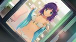  ahoge ao_no_kanata_no_four_rhythm blue_eyes blush bow bow_panties bra breasts cameltoe corkboard dutch_angle from_outside game_cg hair_intakes hair_ornament ichinose_rika looking_at_viewer navel open_bra open_mouth panties purple_hair small_breasts solo strap_slip suzumori unclasped underwear undressing white_bra white_panties window 