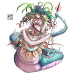  armlet bracer breasts cobra_(animal) eudetenis evil_grin evil_smile full_body gorgon green_hair grin lamia long_hair medium_breasts monster_girl multiple_arms navel polearm project_ap red_eyes scales shoulder_pads simple_background smile snake snake_hair solo spikes trident weapon white_background 