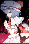  ascot bat bat_wings blouse blue_hair bow brooch cowboy_shot frills hands_together hat hat_bow highres jewelry letterboxed looking_at_viewer mob_cap nejime open_mouth profile red_eyes remilia_scarlet sash short_hair skirt skirt_set solo touhou wings wrist_cuffs 