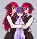 3girls :o alternate_hair_length alternate_hairstyle bangs bat_wings bespectacled blunt_bangs blush breast_grab breasts collarbone collared_shirt commentary_request crescent crescent_hair_ornament dress dress_shirt dual_persona glasses grabbing grey_background hair_ornament head_wings highres hug koakuma long_hair long_sleeves looking_at_another medium_breasts multiple_girls necktie no_hat no_headwear patchouli_knowledge purple_dress purple_eyes purple_hair red_eyes red_hair shirt short_hair sidelocks simple_background skirt skirt_set smile striped striped_dress touhou v-shaped_eyebrows vertical_stripes very_long_hair vest white_shirt wings yuri 