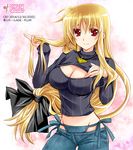  alternate_costume artist_name bikini_jeans blonde_hair breasts cleavage cleavage_cutout denim fate_testarossa jeans jewelry kanna_(plum) large_breasts long_hair looking_at_viewer low-tied_long_hair lowleg lowleg_pants lyrical_nanoha mahou_shoujo_lyrical_nanoha_strikers meme_attire necklace open-chest_sweater pants red_eyes ribbed_sweater smile solo sweater turtleneck very_long_hair watermark web_address 