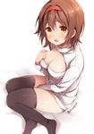  alternate_costume black_legwear blush breasts brown_eyes brown_hair chiyingzai cleavage cleavage_cutout hairband highres kantai_collection large_breasts looking_at_viewer meme_attire open-chest_sweater open_mouth red_hairband ribbed_sweater shiratsuyu_(kantai_collection) short_hair solo sweater thighhighs turtleneck white_background 