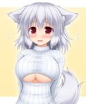  animal_ears blush breasts fang flying_sweatdrops halftone halftone_background inubashiri_momiji large_breasts long_sleeves looking_at_viewer md5_mismatch meme_attire nagana_sayui open-chest_sweater open_mouth pink_eyes ribbed_sweater solo sweater tail touhou turtleneck underboob underboob_cutout upper_body wolf_ears wolf_tail 
