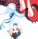  black_hair bow directional_arrow dress highres kijin_seija kubikirisaikuru multicolored_hair red_eyes red_hair short_hair simple_background smile solo streaked_hair touhou upside-down white_background white_hair 