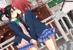  aoi_chiruko black_hair blazer blue_skirt blush bow bowtie building cardigan closed_eyes dutch_angle hair_ribbon holding_hands jacket love_live! love_live!_school_idol_project multiple_girls nishikino_maki otonokizaka_school_uniform outdoors petals petticoat plaid plaid_skirt pleated_skirt railing red_eyes red_hair ribbon school_uniform short_hair skirt slip_showing smile striped striped_bow striped_neckwear twintails wing_collar yazawa_nico yuri 