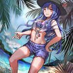  alternate_costume beach blue_hair blush dated day denim denim_shorts dutch_angle hand_on_hip hat highres hinanawi_tenshi long_hair looking_at_viewer myero one_eye_closed palm_tree red_eyes short_shorts short_sleeves shorts signature sketch smile solo touhou tree 