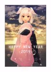 1girl adapted_costume animal_ears commentary_request cowboy_shot earrings extra_ears happy_new_year highres japanese_clothes jewelry kemono_friends kimono looking_at_viewer new_year pig_(kemono_friends) pig_ears pig_nose pink_clothes pink_eyes pink_hair ponta_(matsuokazieg) short_hair solo 