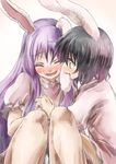  ^_^ animal_ears biting black_hair blush bunny_ears closed_eyes commentary_request cosplay dress ear_biting eargasm happy inaba_tewi inaba_tewi_(cosplay) lavender_hair long_hair multiple_girls open_mouth pink_dress red_eyes reisen_udongein_inaba short_hair smile touhou yohane yuri 