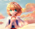  alice_margatroid aqua_eyes blonde_hair blush book capelet hairband nagare short_hair solo sunset touhou wind 